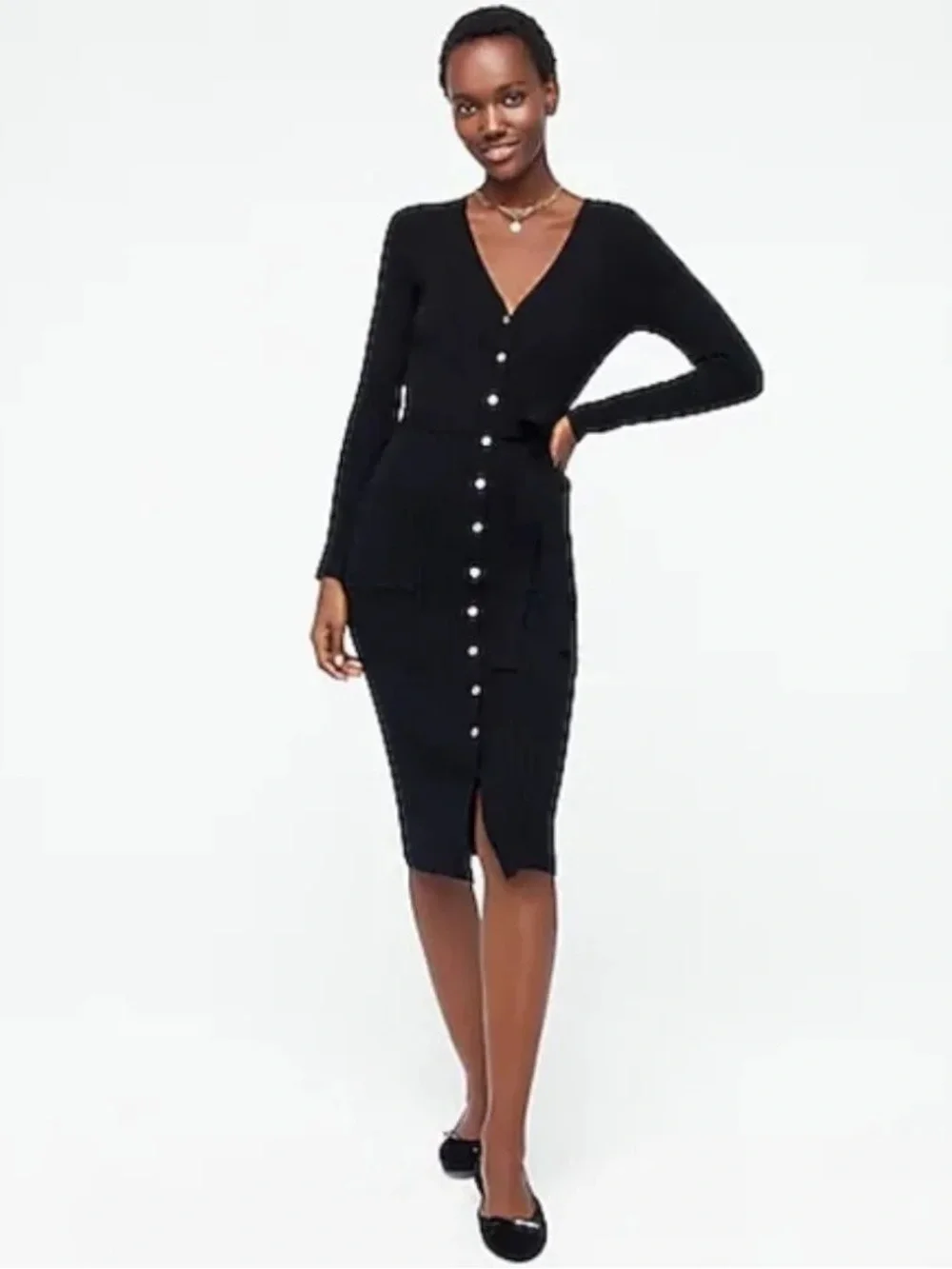 J. Crew Ribbed V Neck Cardigan Midi Sweater Dress Black Small Merino Wool